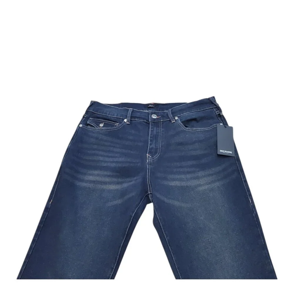 NEW TRUE RELIGION Men's Geno Relaxed Slim Distressed Dark Wash Blue Jeans